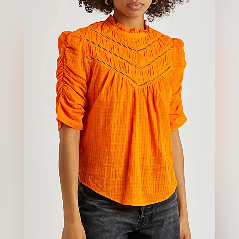 Veronica Beard Frasier Ladder Stitch Accent Cotton Blouse in Hot Orange size 6